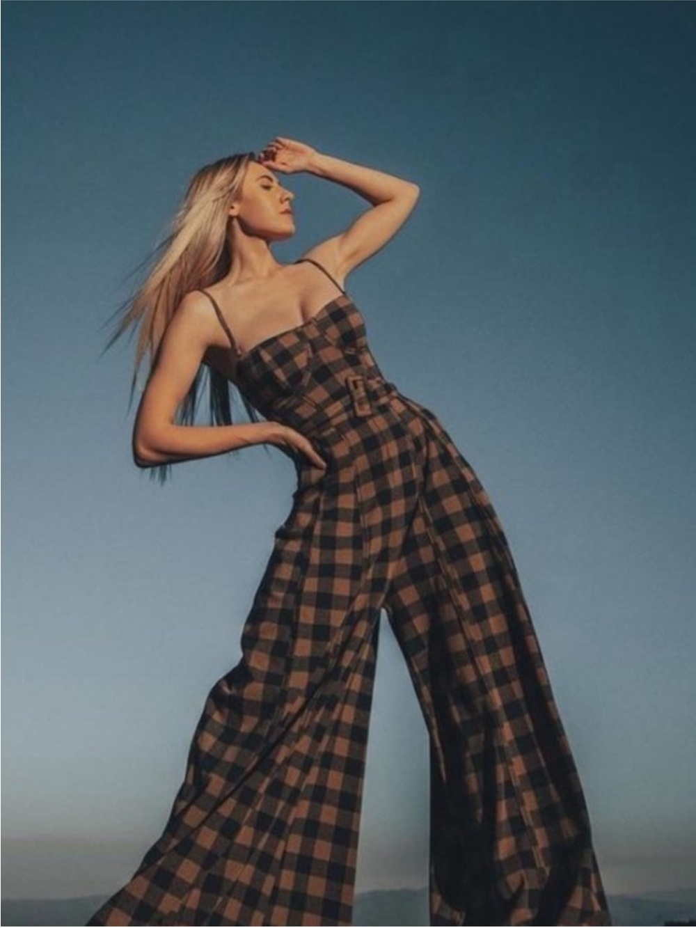 Free People Hold Me Tight Jumpsuit in Indigo Combo Plaid Wide Leg Size XS